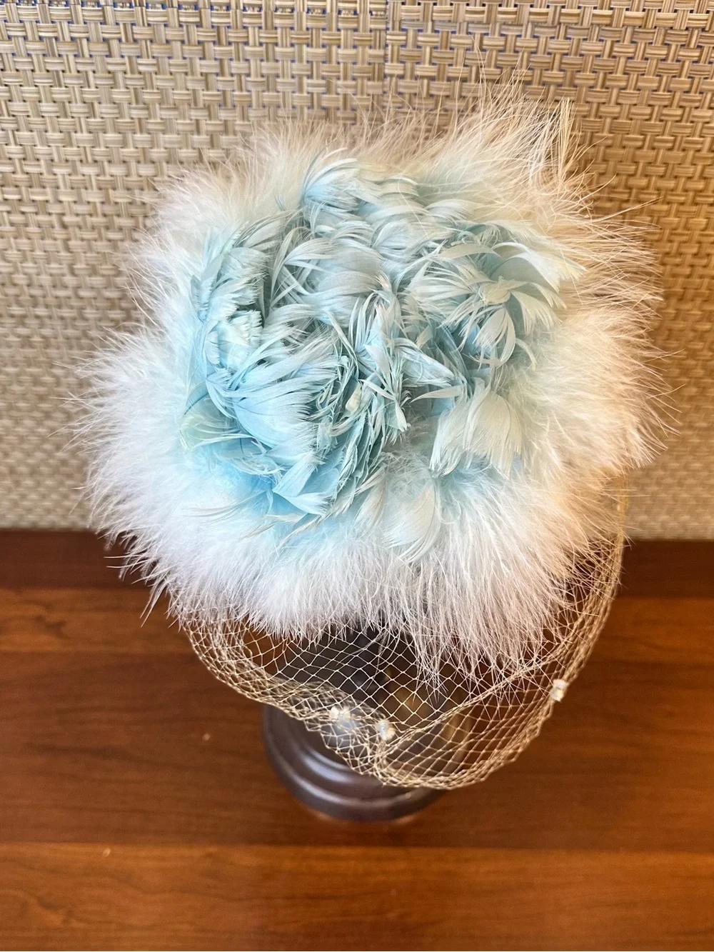 VTG 1960s Tiffany Blue Marabou Feather Birdcage Fascinator Cocktail Hat - Picture 8 of 11
